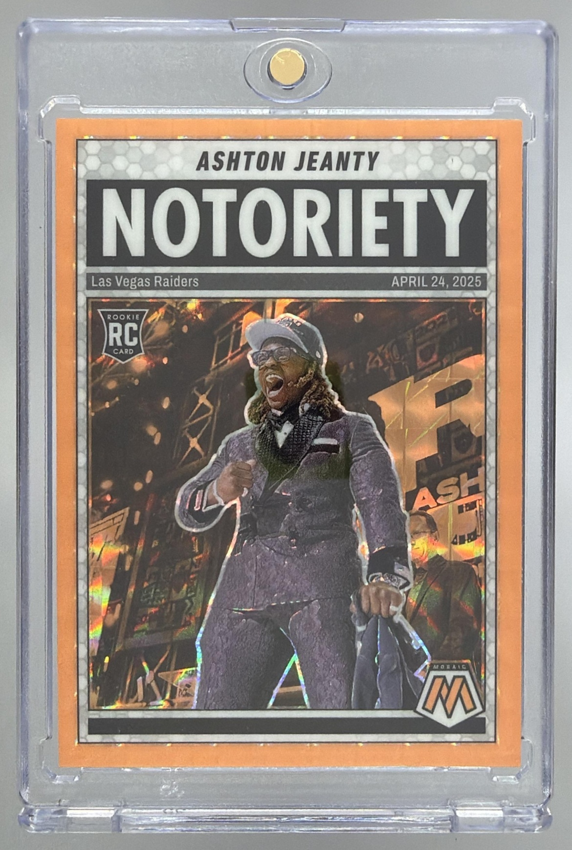 Card image for 2025 Panini Football Mosaic Ashton Jeanty Notoriety #18 RC Las Vegas Raiders