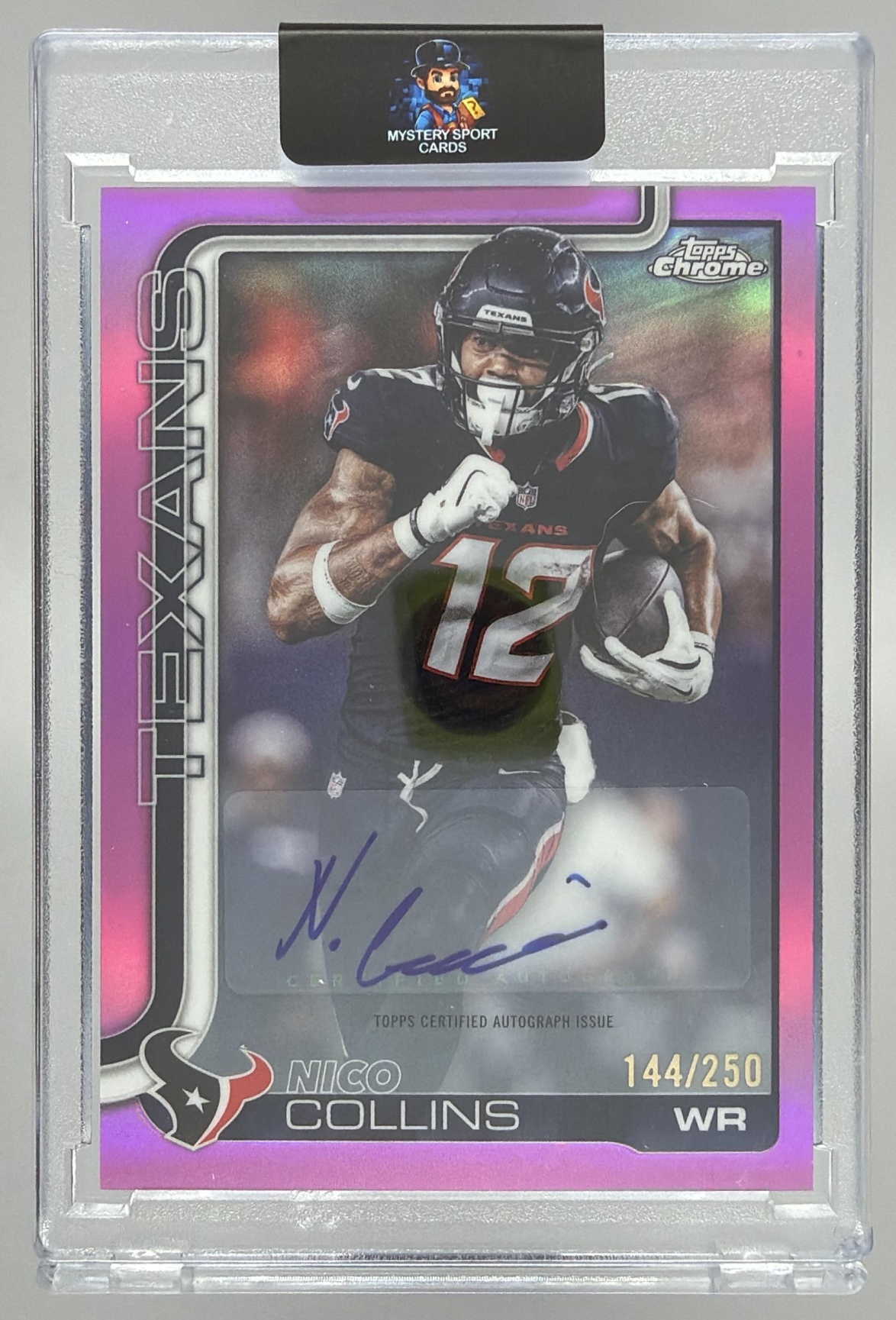 Card image for 2025 Topps Chrome Nico Collins Auto Pink Refractor /250 #BA-NC Texans
