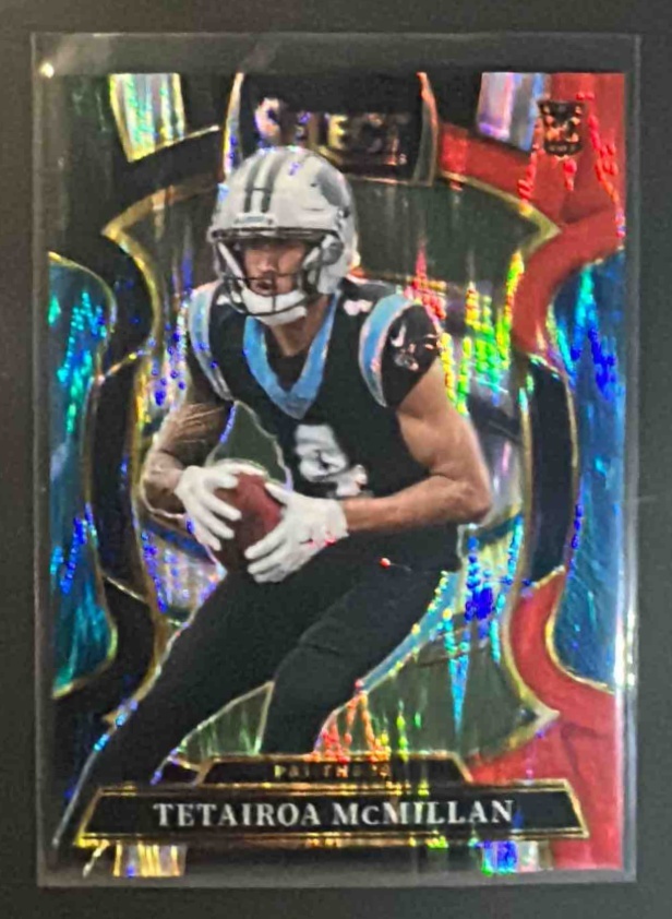 Card image for 2025 Panini Select Tetairoa McMillan #44 Concourse Red and Blue Prizm Shock RC