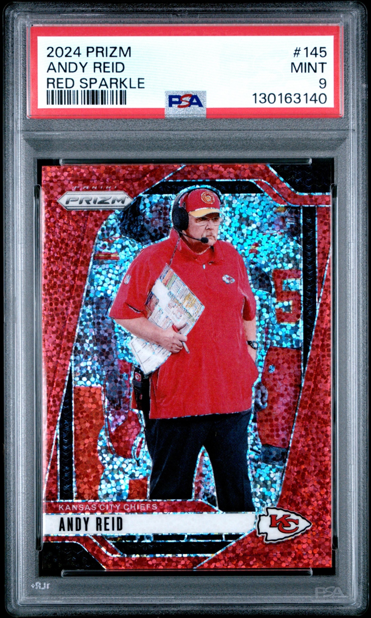Card image for 2024 Panini Football Prizm Andy Reid Red Sparkle #145 Kansas City Chiefs