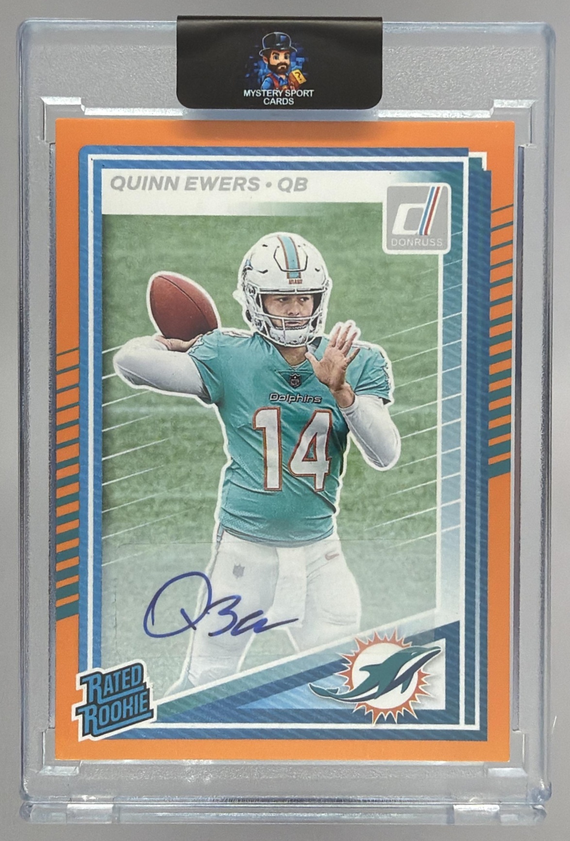 Card image for 2025 Panini Donruss Quinn Ewers Optic Rated Rookie Preview Auto #342 RC Dolphins