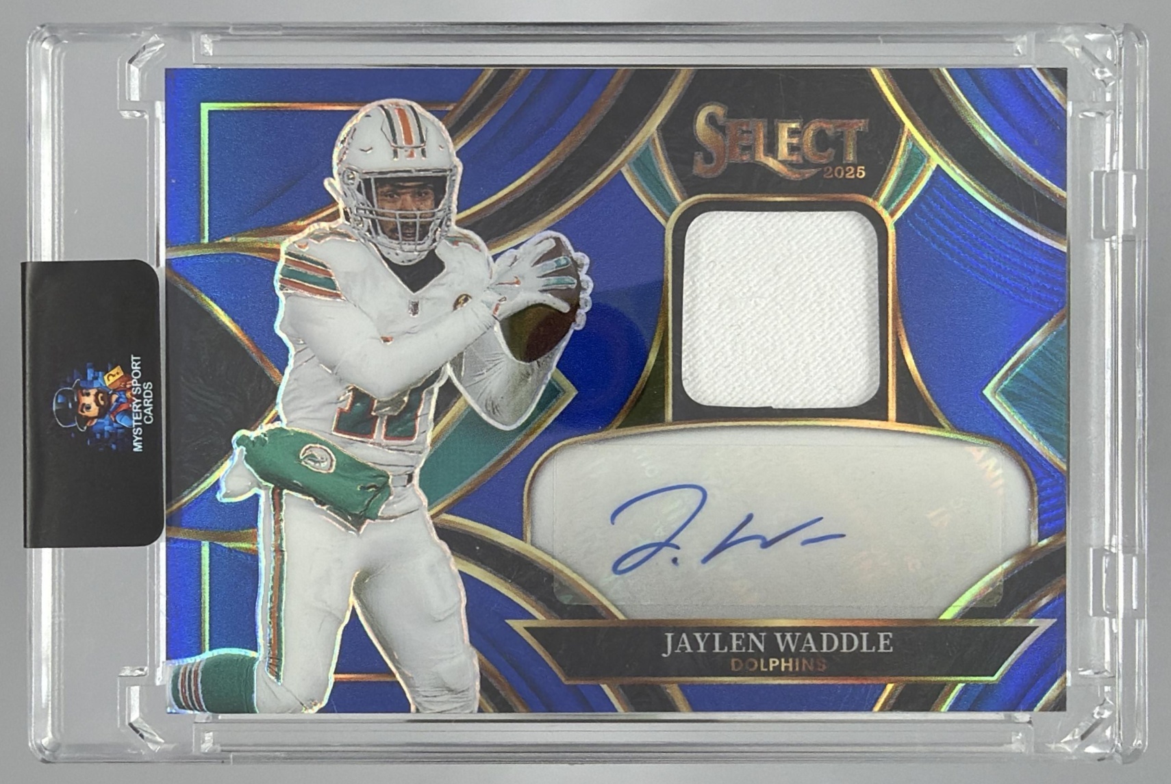 Card image for 2025 Panini Select Jaylen Waddle Signature Memorabilia Blue Prizm /149 #SME-JWE MEM Auto Dolphins