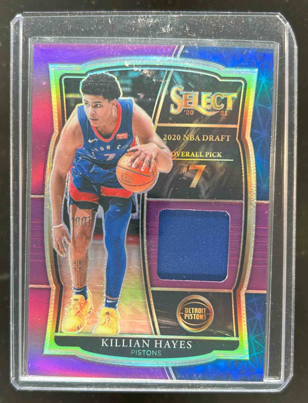 Card image for 2020-21 Panini Select Killian Hayes Draft Selections Memorabilia Purple Prizms 14 /99 #DS-HAY RC