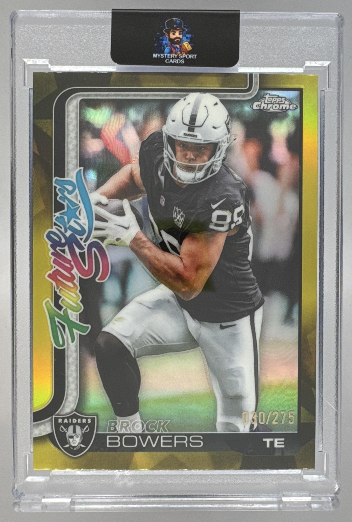 Card image for 2025 Topps Chrome Brock Bowers Future Stars Yellow Refractor /275 #FS-21 SP Raiders