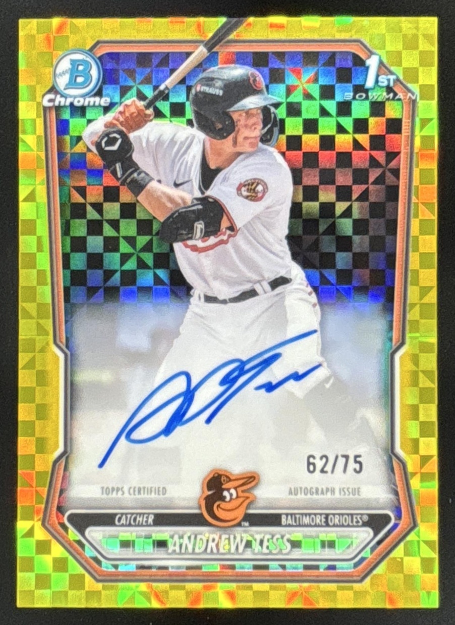 Card image for 2026 Bowman Andrew Tess Chrome Auto Yellow X-Fractor /75 1st Prospect