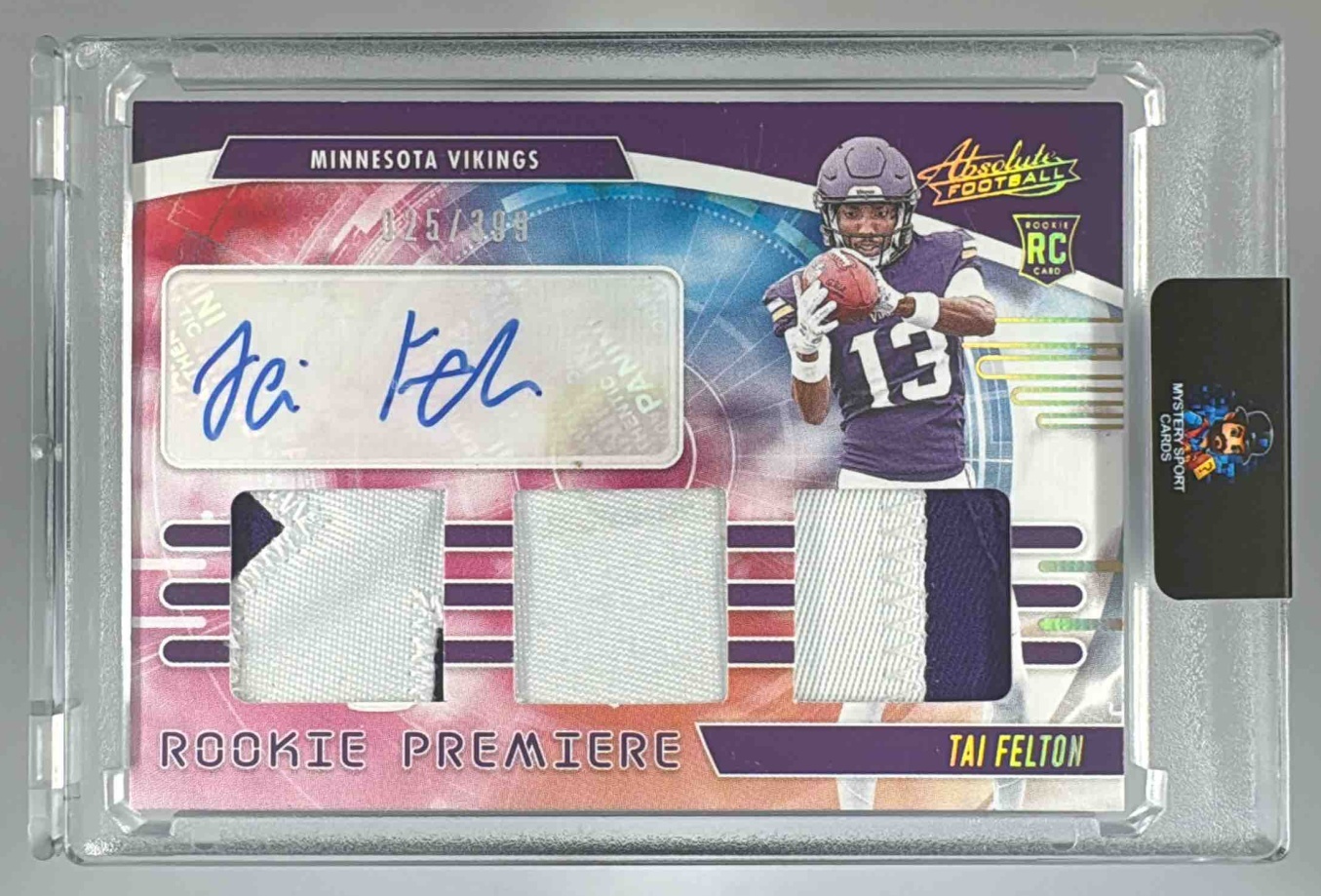 Card image for 2025 Panini Absolute Tai Felton Rookie Premiere Materials Autos /399 #RPM-TFN MEM RC Auto Vikings