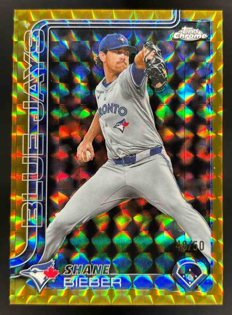 Card image for 2025 Topps Chrome Update Shane Bieber Gold Geometric Refractor /50