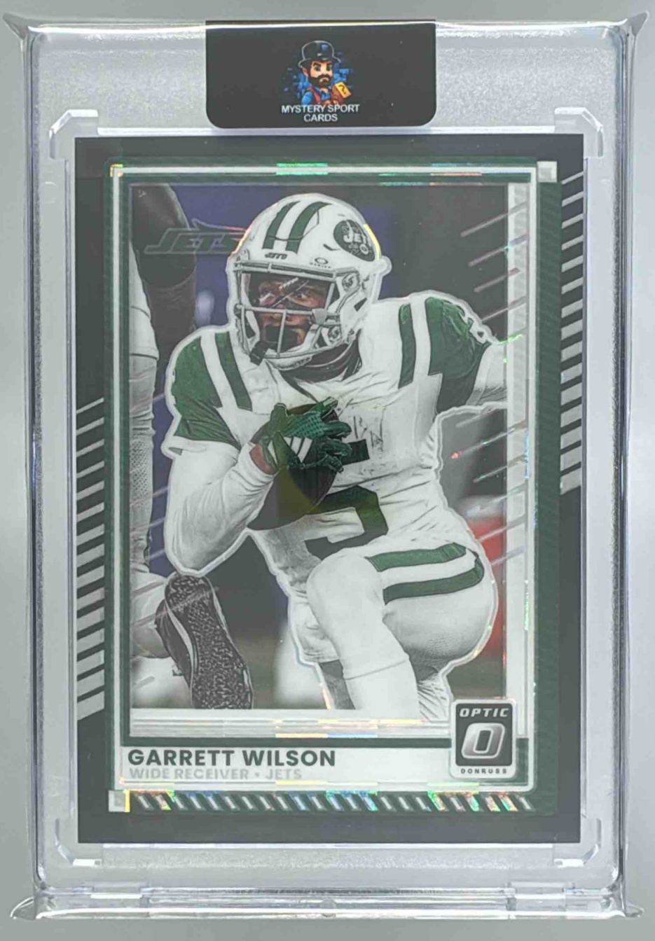 Card image for 2025 Panini Donruss Optic Garrett Wilson Black Pandora Prizm /25 #95 Jets