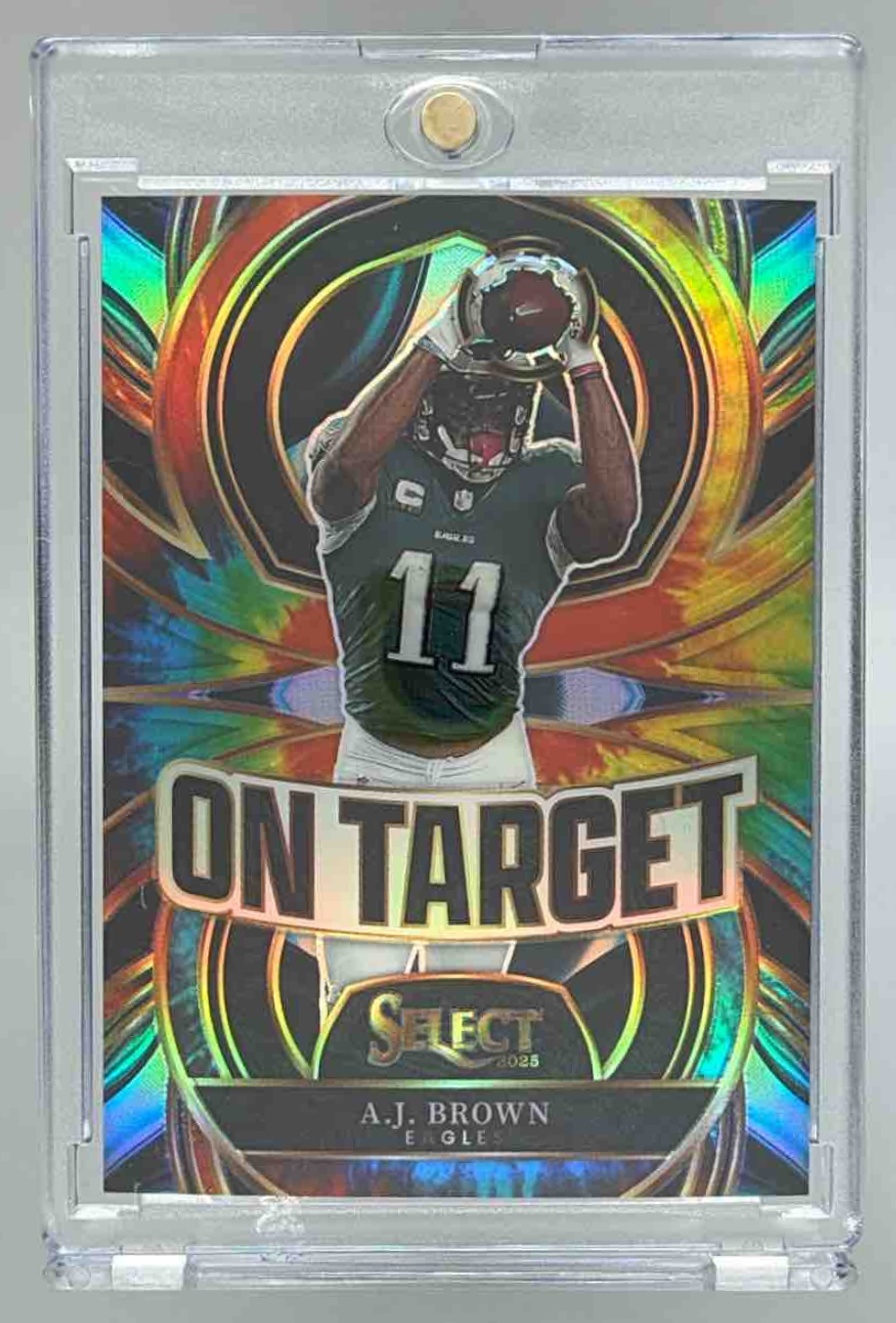 Card image for 2025 Panini Select A.J. Brown On Target Tie-DyePrizm /25 #20 Eagles
