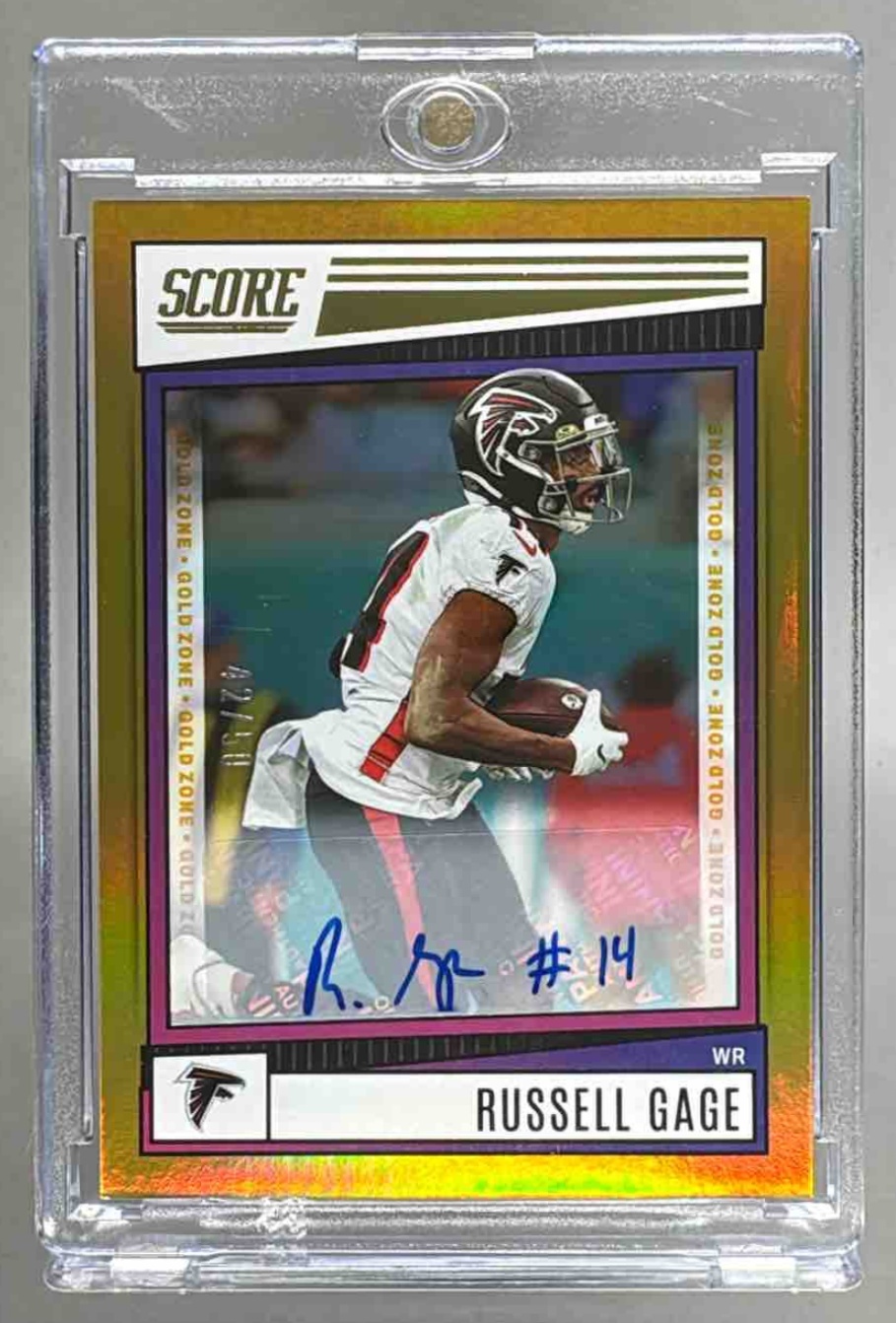 Card image for 2022 Panini Football Score Russell Gage Signatures #38 Auto Atlanta Falcons