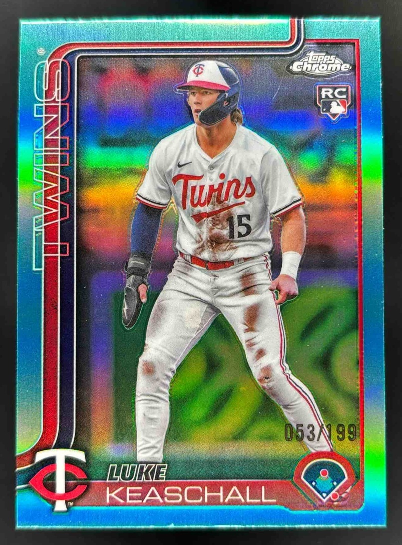 Card image for 2025 Topps Chrome Update Luke Keaschall Aqua Refractor /199 #USC106 RC Twins
