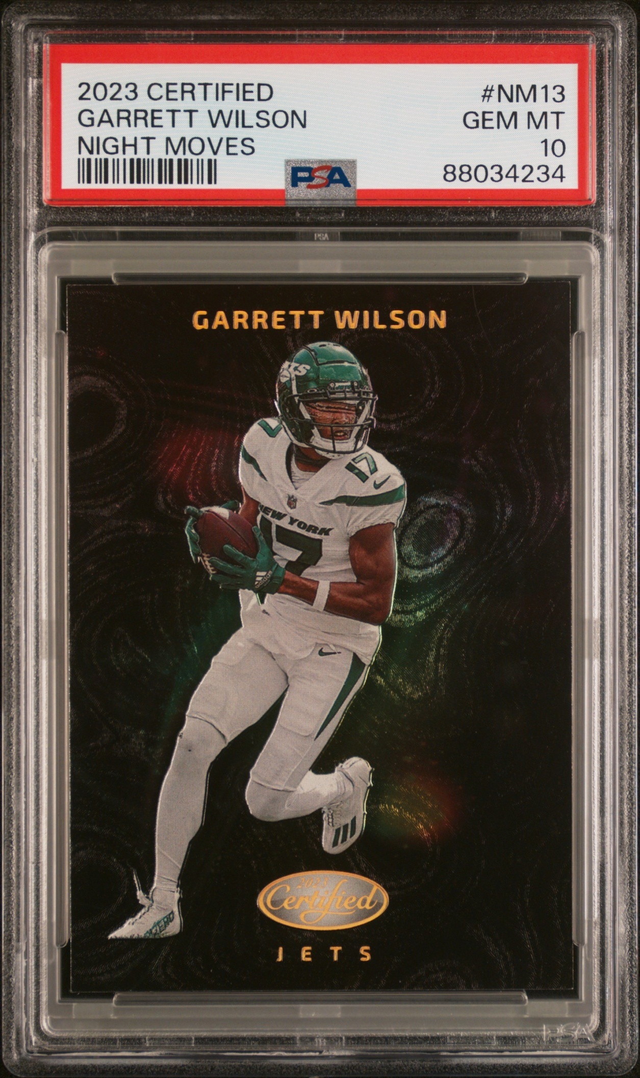 Card image for 2023 Panini Football Certified Garrett Wilson Night Moves #NM-13 New York Jets PSA 10