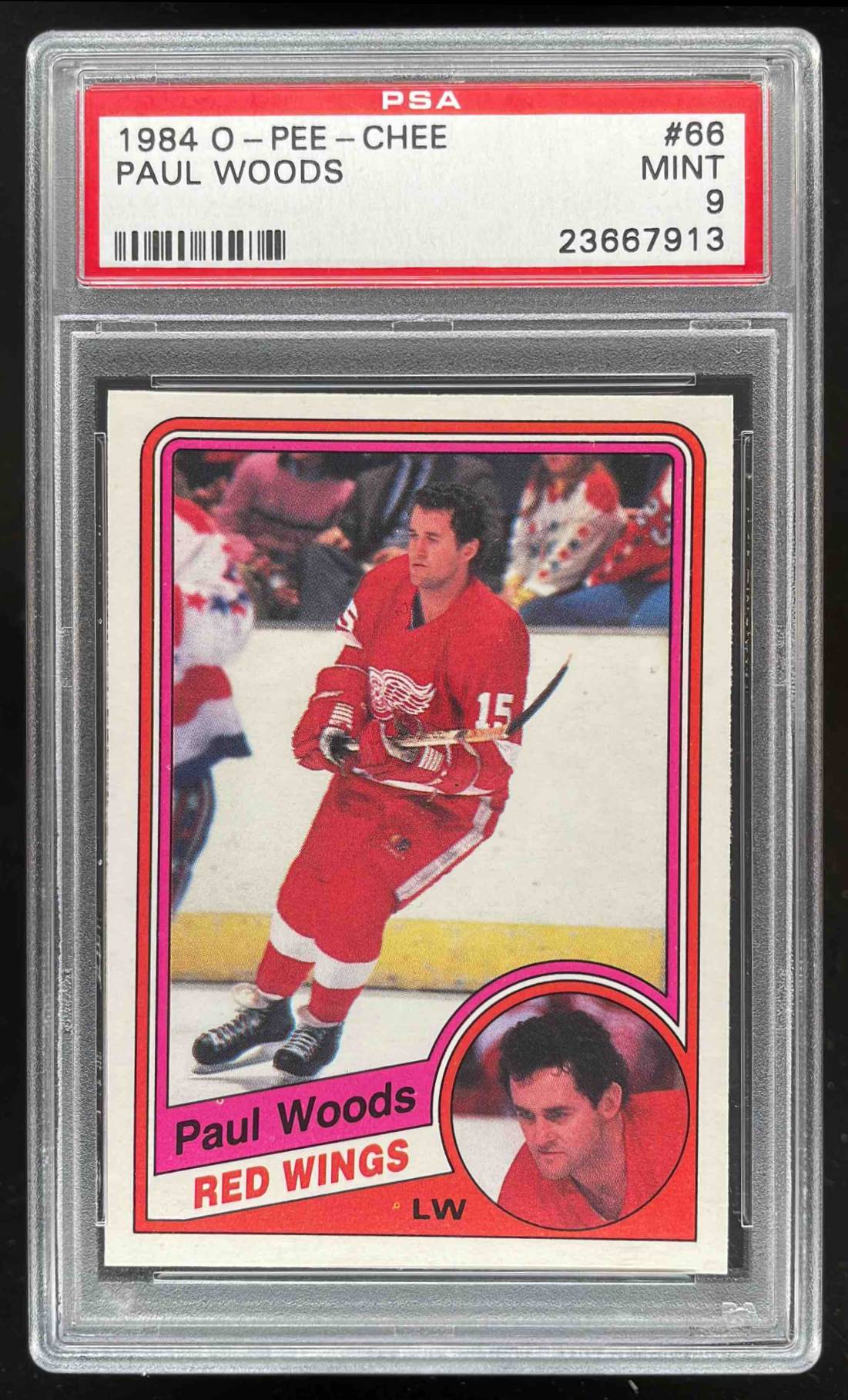 Card image for 1984-85 O-PEE-CHEE OPC PAUL WOODS #66 PSA 9 MINT RED WINGS LOW POP 6 HIGHER