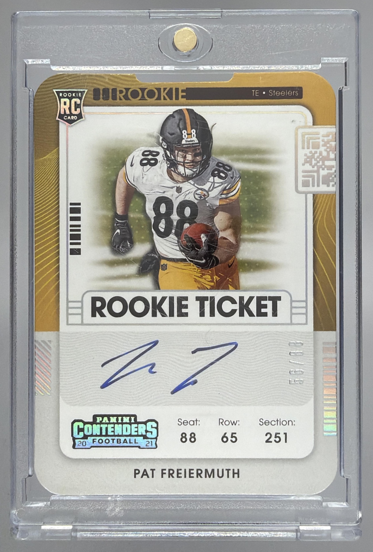 Card image for 2021 Panini Contenders Pat Freiermuth Playoff Ticket /99 #117 Auto RC Steelers