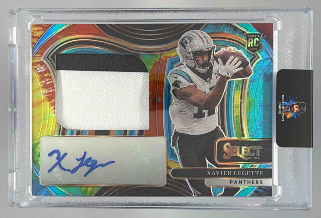 Card image for 2024 Panini Select Xavier Legette Jumbo Rookie Signature Swatch Tie-Dye Prizm /25 #JRSS-XLE MEM RC Auto Panthers