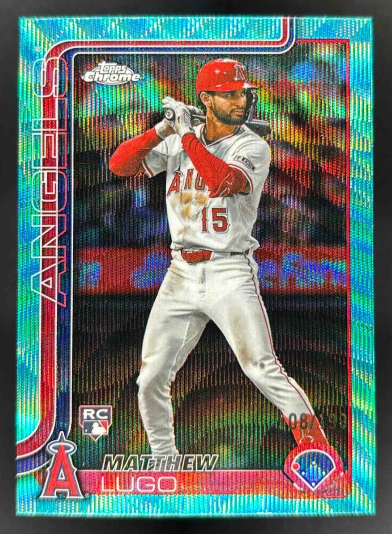 Card image for 2025 Topps Chrome Update Matthew Lugo Aqua Wave Refractor /199 #USC166 RC Angels