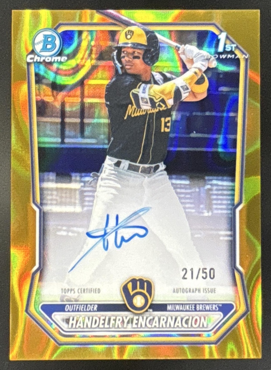 Card image for 2026 Bowman Handelfry Encarnacion Chrome Auto Gold Lava Refractor /50 1st