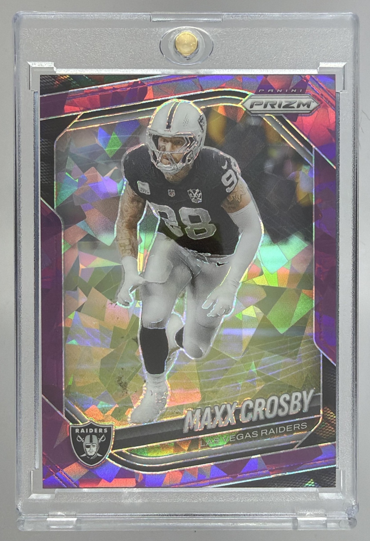 Card image for 2025 Panini Football Prizm Maxx Crosby Purple Ice /225 #195 Las Vegas Raiders