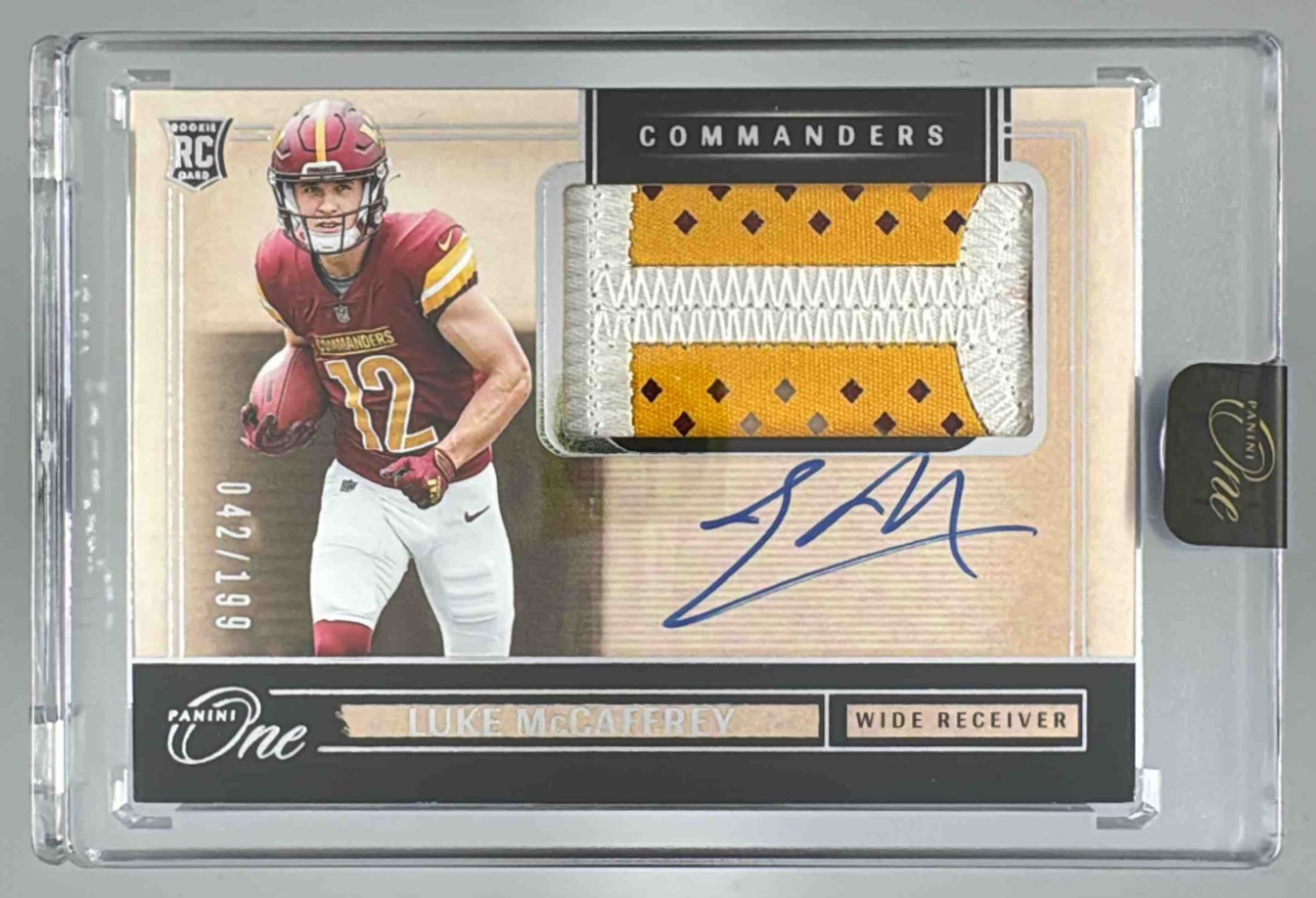 Card image for 2024 Panini One Luke McCaffrey Rookie Patch Auto /199 #19 MEM RC Commanders