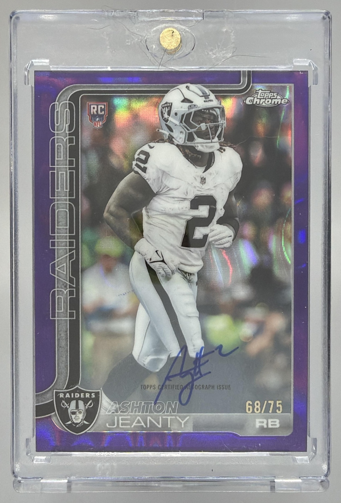 Card image for 2025 Topps Chrome Ashton Jeanty Rookie Auto Purple Geometric Refractor /75 #RA-AJ RC Raiders