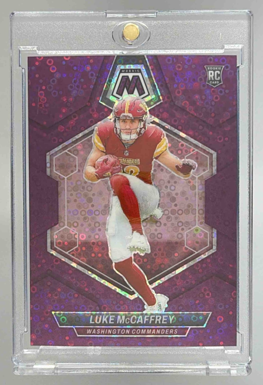 Card image for 2024 Panini Mosaic Luke McCaffrey No Huddle Purple Prizm /50 #376 RC Commanders