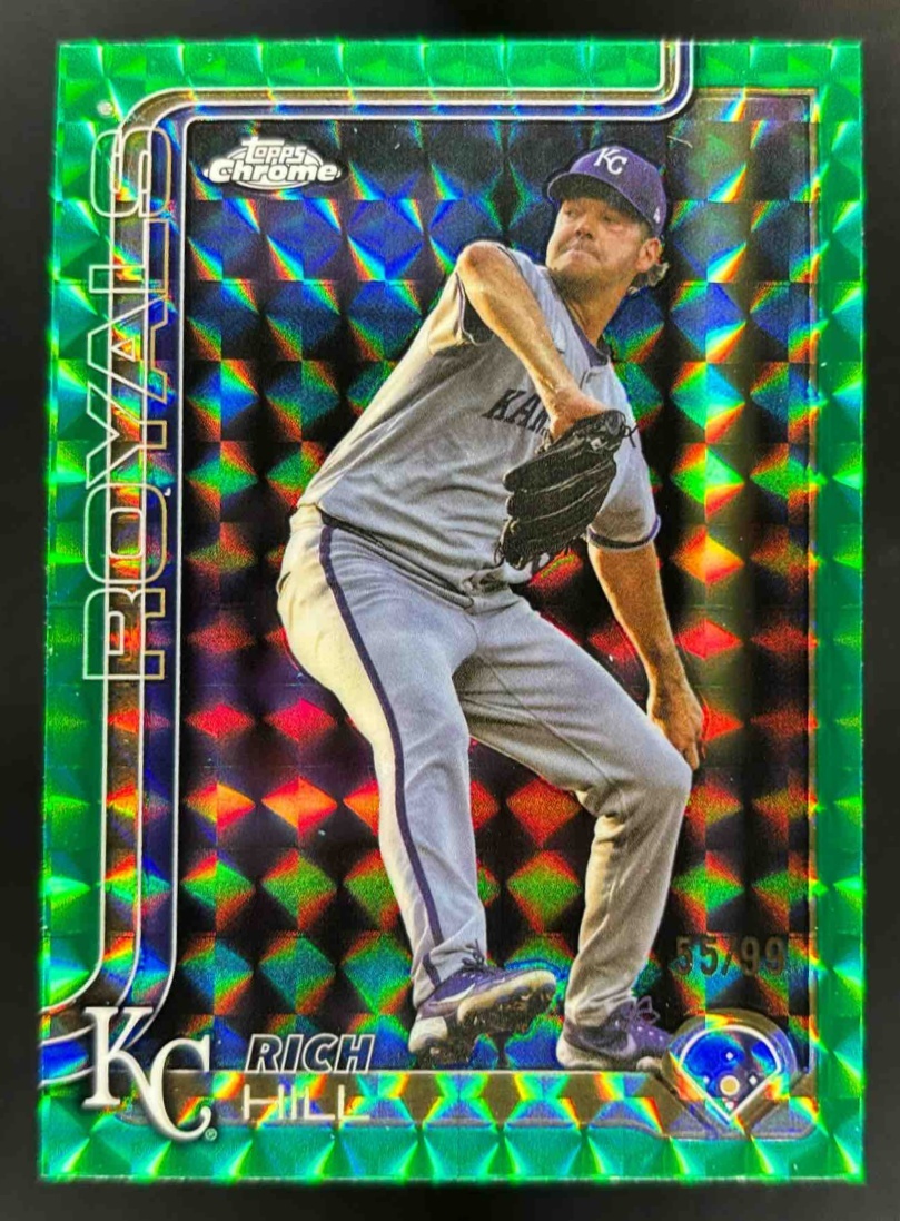 Card image for 2025 Topps Chrome Update Rich Hill Green Geometric Refractor /99 #USC64 Royals