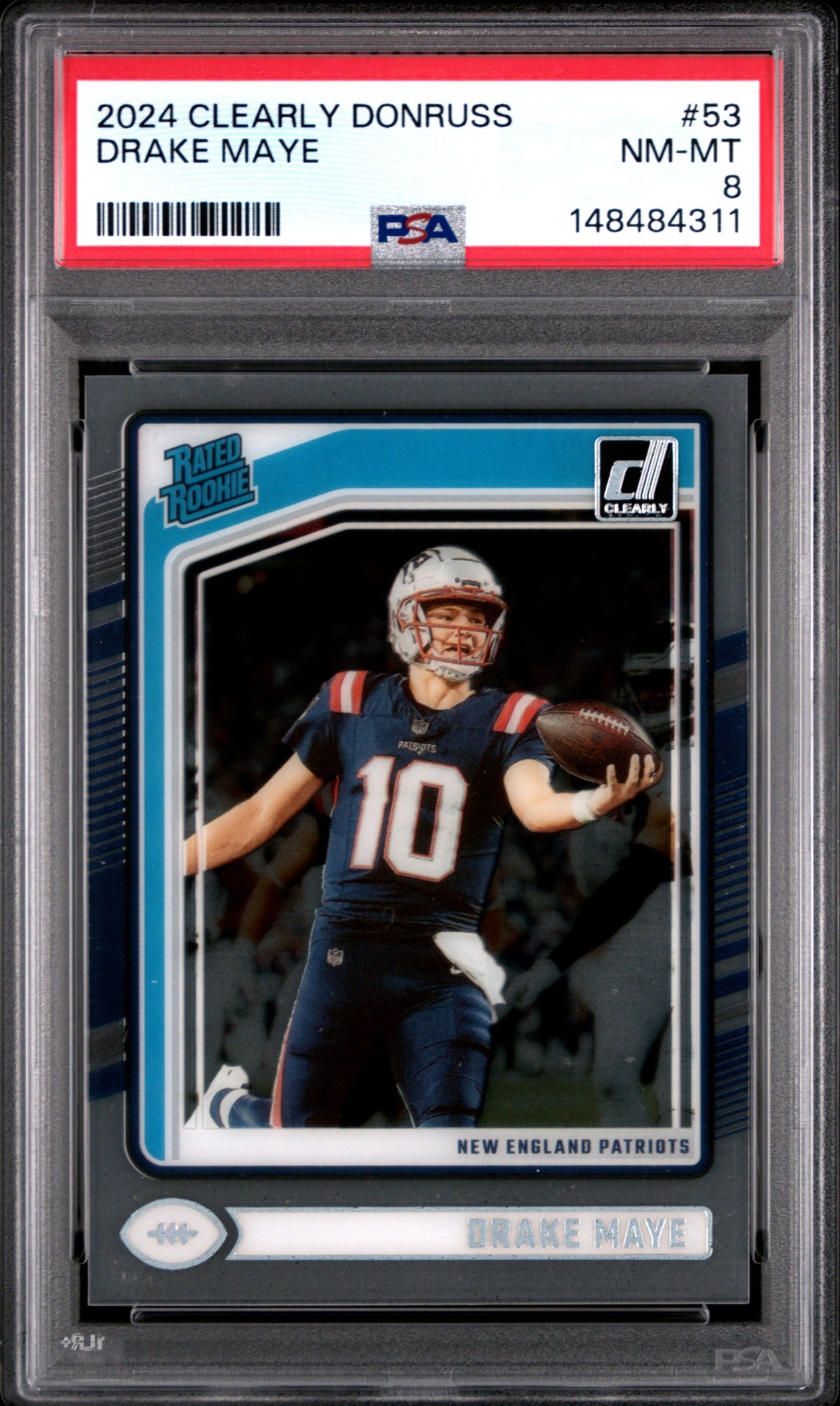 Card image for 2024 Panini Clearly Donruss Drake Maye #53 Rated Rookie Patriots