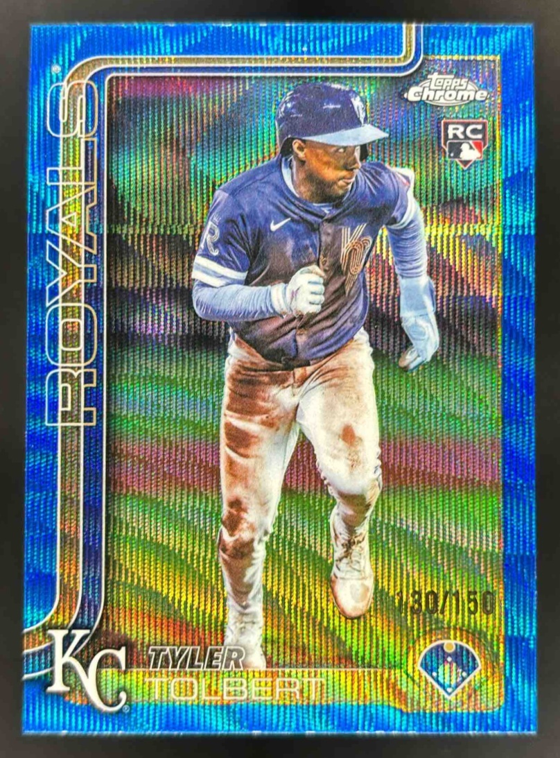 Card image for 2025 Topps Chrome Update Tyler Tolbert Blue Wave Refractor /150 #USC98 RC Royals