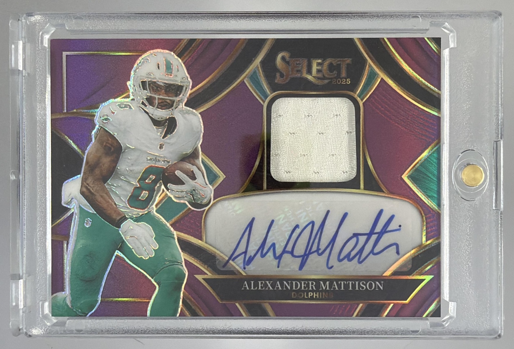 Card image for 2025 Panini Select Alexander Mattison Signature Memorabilia Purple Prizm /49 #SME-AMN MEM Auto Dolphins