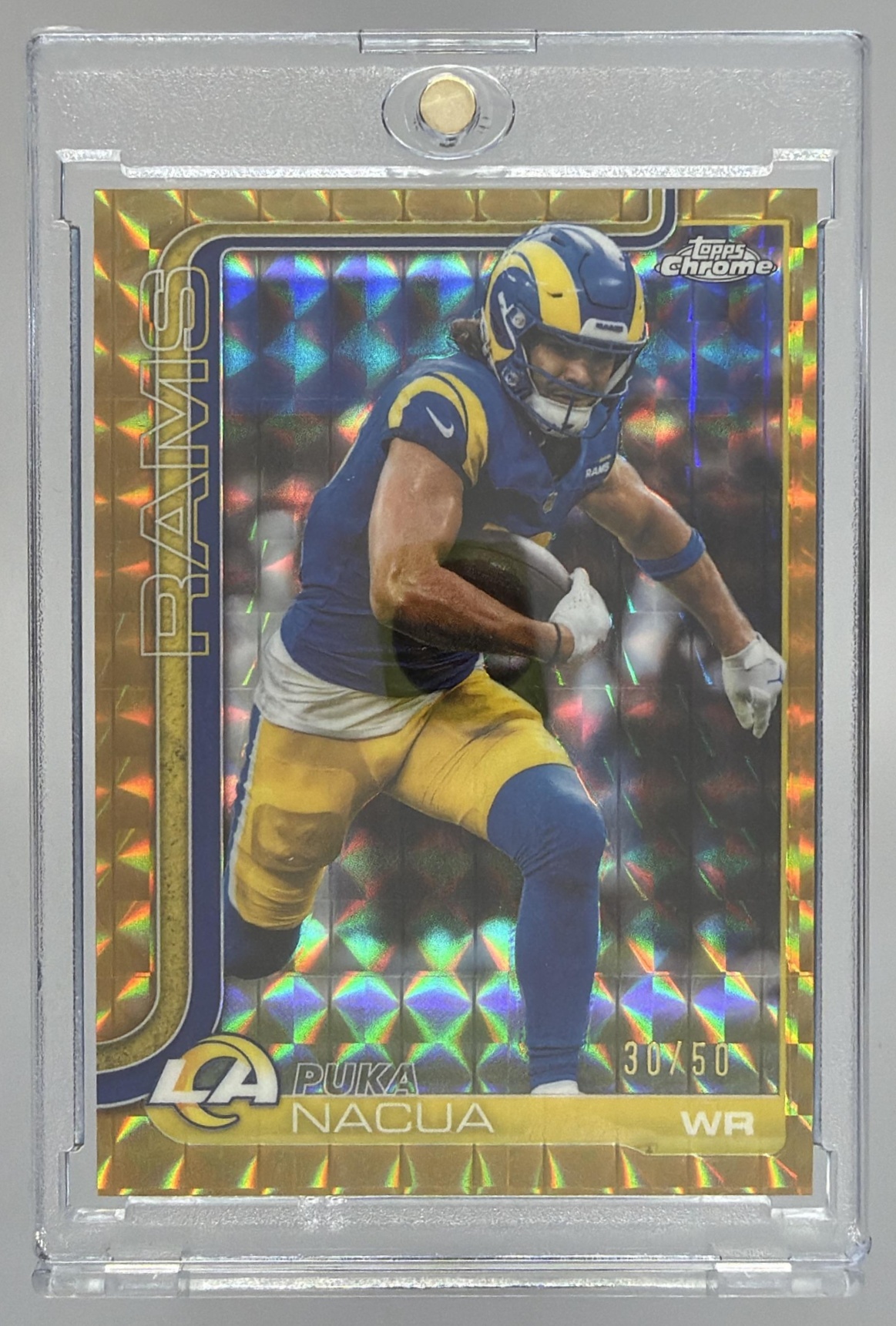 Card image for 2025 Topps Chrome Puka Nacua Gold Geometric Refractor /50 #166 Rams