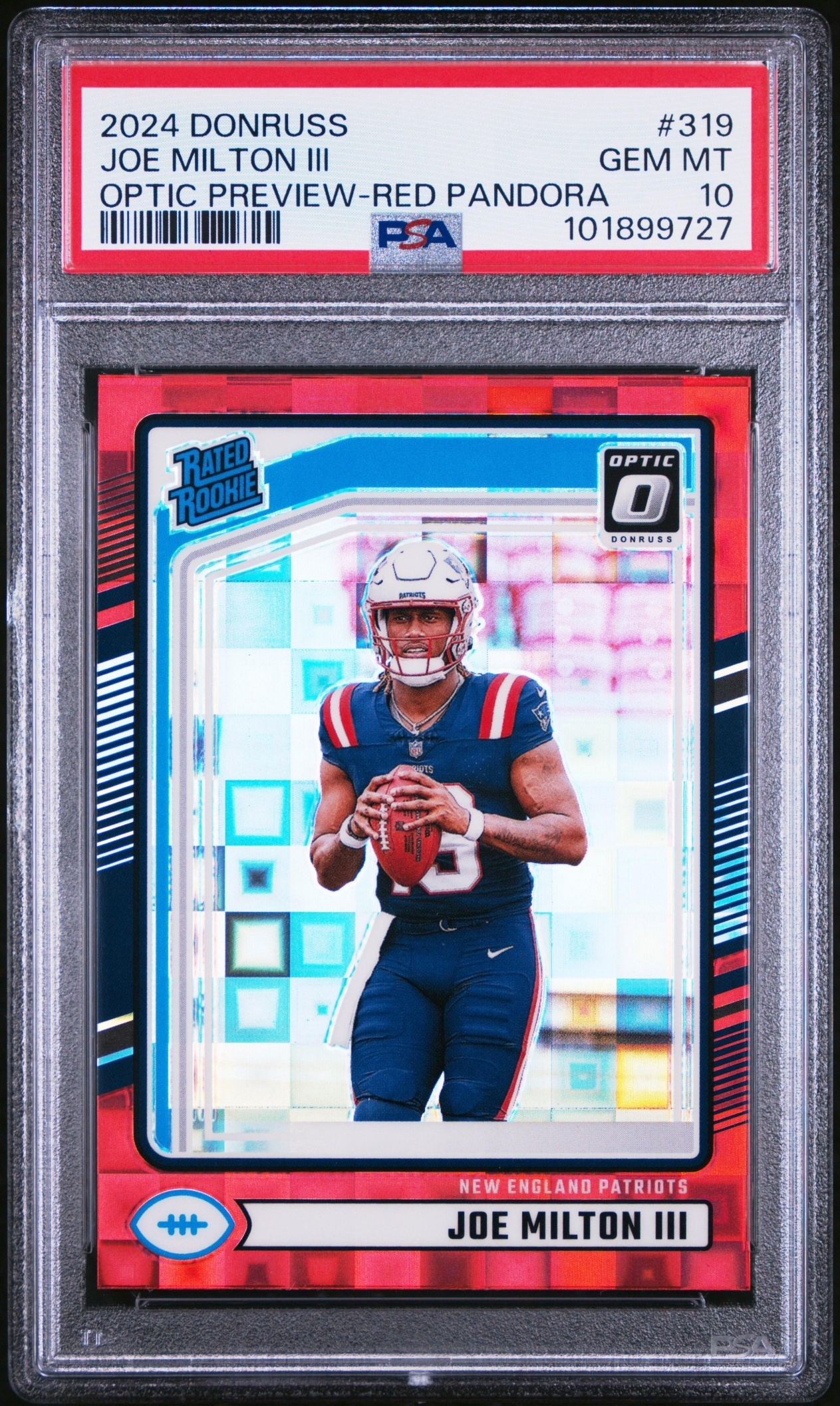 Card image for 2024 Panini Donruss Joe Milton III Optic Rated Rookie Preview Green Pandora /25 #319 Patriots