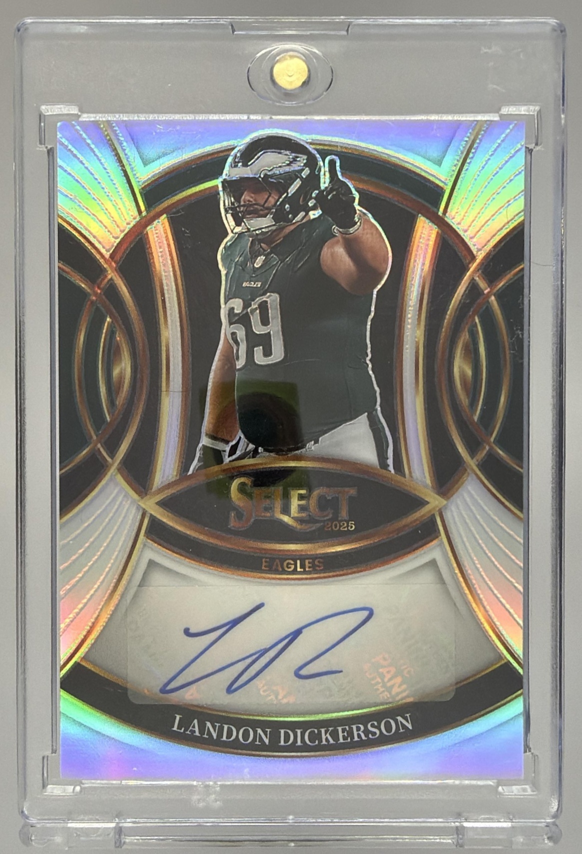 Card image for 2025 Panini Select Landon Dickerson Signatures Silver Prizm #SP-LDN Auto Eagles