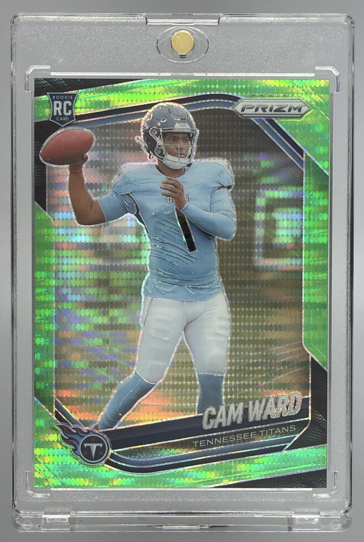 Card image for 2025 Panini Football Prizm Cam Ward Neon Green Pulsar #352 RC Tennessee Titans