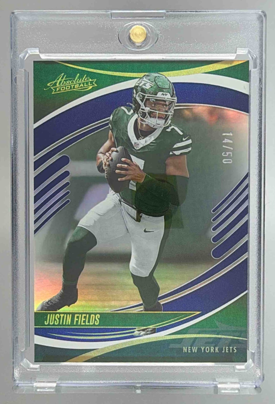 Card image for 2025 Panini Football Absolute Justin Fields Spectrum Blue /50 #3 New York Jets
