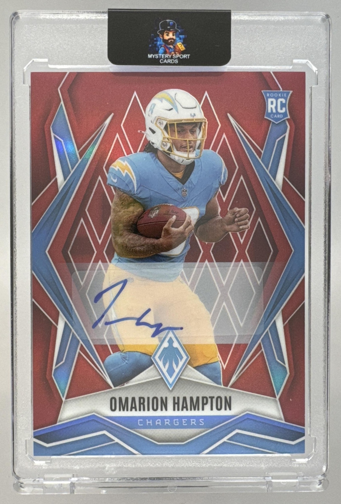 Card image for 2025 Panini Phoenix Omarion Hampton Rookies Auto Bronze Pandora Prizm /99 #192 RC Chargers