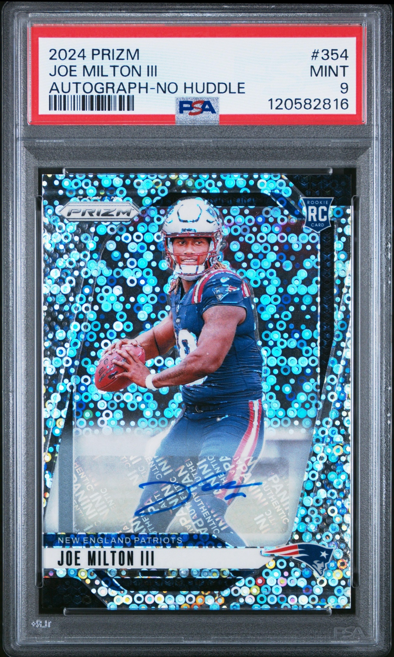 Card image for 2024 Panini Prizm Joe Milton III Auto No Huddle #354 RC Patriots