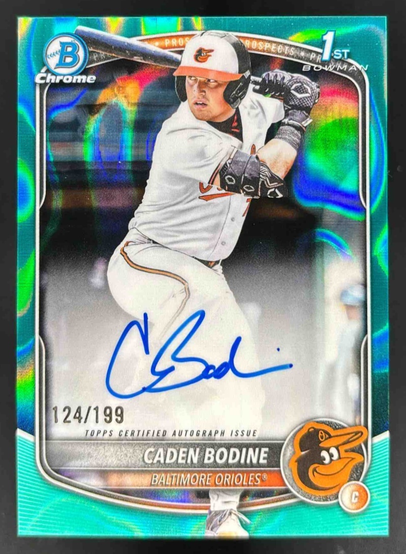 Card image for 2025 Bowman Draft Caden Bodine Chrome Auto Aqua Lava Refractor /199 1st Prospect