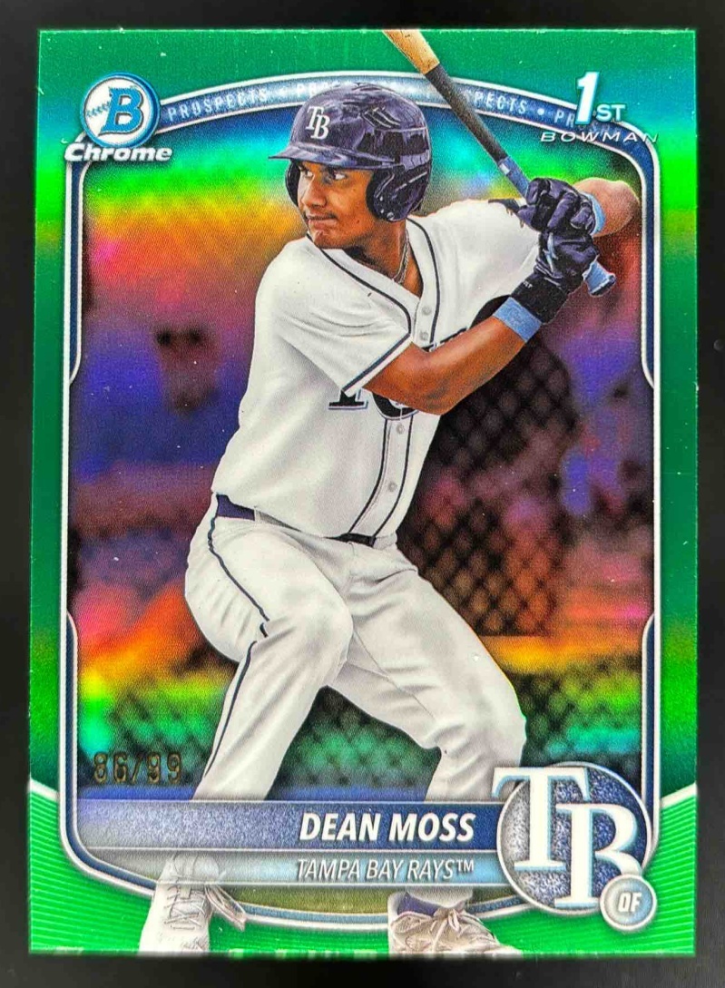 Card image for 2025 Bowman Draft Dean Moss Chrome Green Refractor /99 #BDC-114 Rays