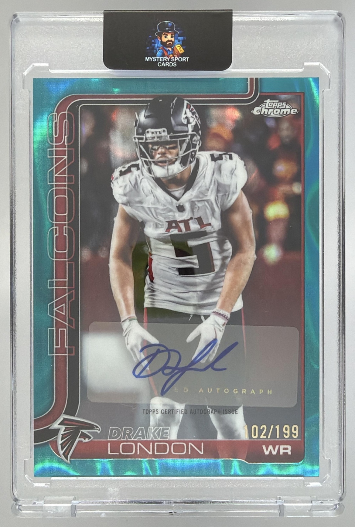 Card image for 2025 Topps Chrome Drake London Auto Aqua Lava Refractor /199 #BA-DL Falcons