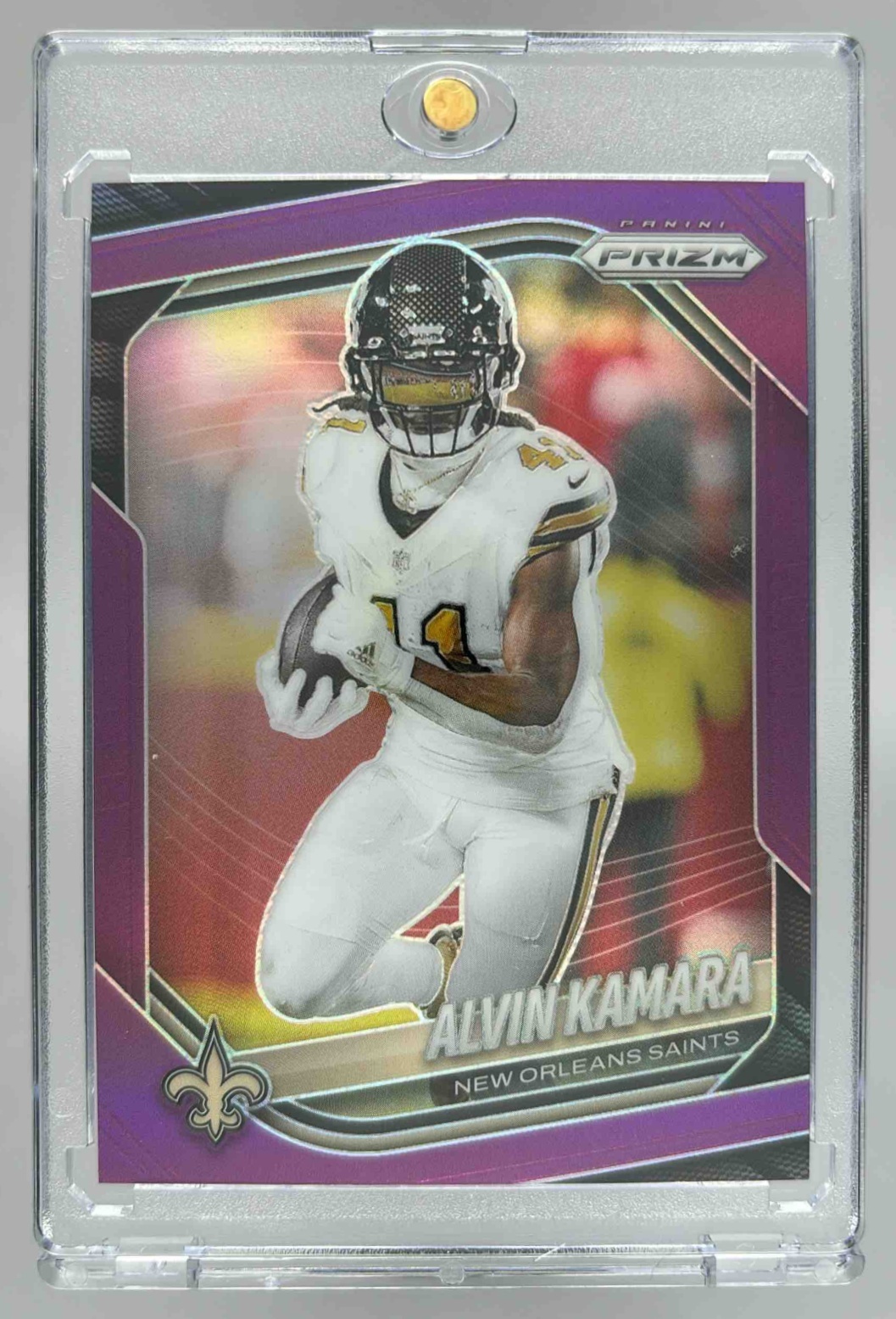 Card image for 2025 Panini Football Prizm Alvin Kamara Purple /125 #190 New Orleans Saints