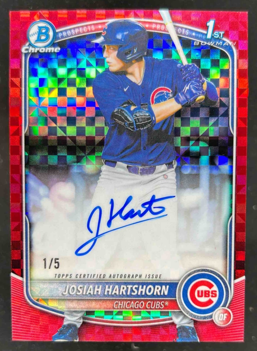 Card image for Josiah Hartshorn 2025 Bowman Draft Chrome Prospect Auto Red X-Fractor Refractor /5