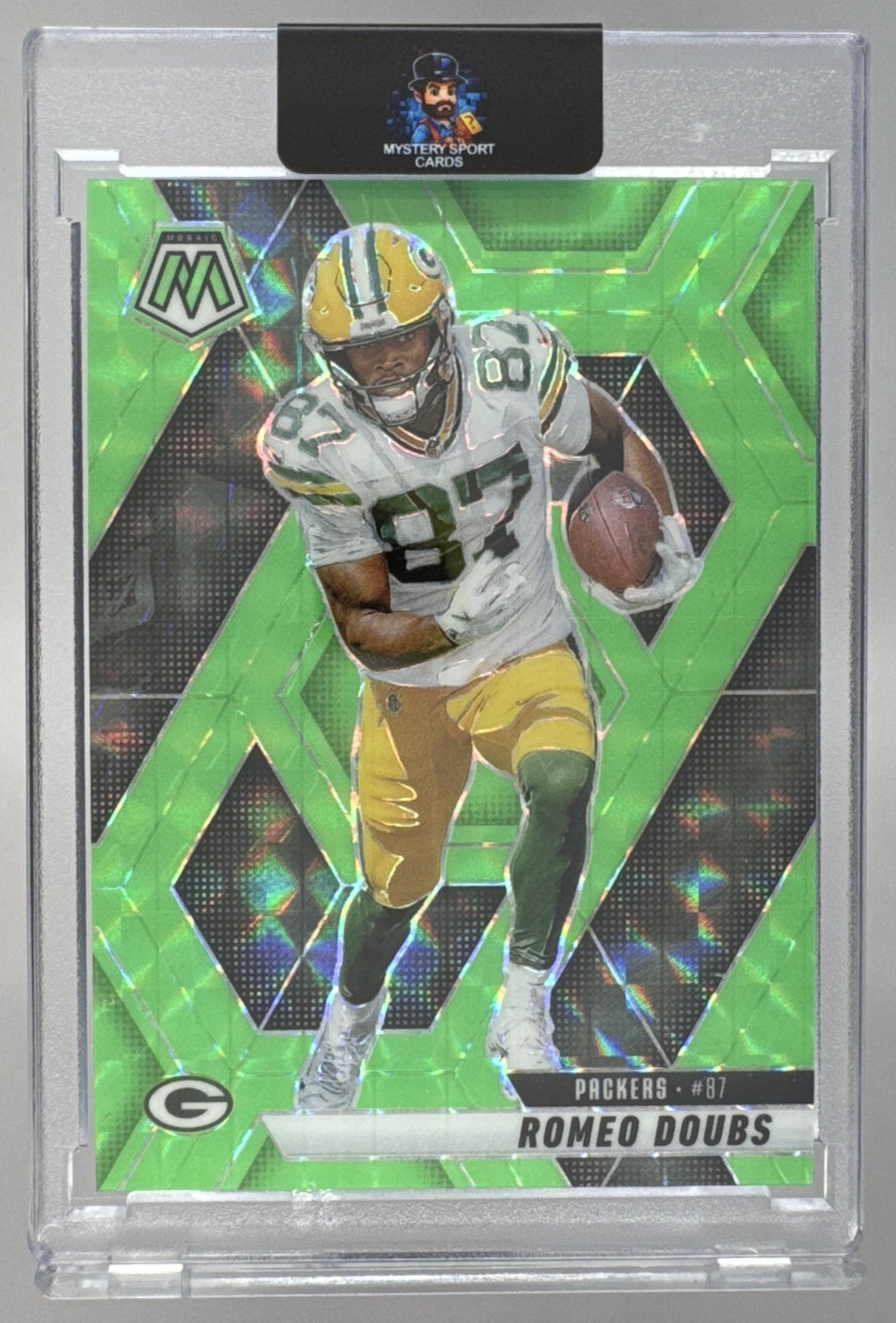 Card image for 2025 Panini Mosaic Romeo Doubs Green Fluorescent Prizm /10 #130 Packers