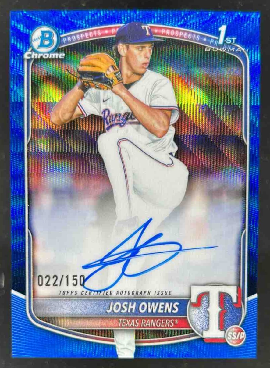 Card image for Josh Owens 2025 Bowman Draft Chrome Prospect Auto Blue Wave Refractor /150