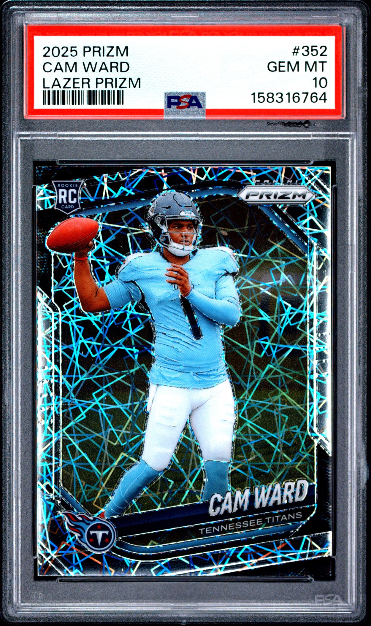 Card image for 2025 Panini Football Prizm Cam Ward Lazer #352 RC Tennessee Titans PSA 10