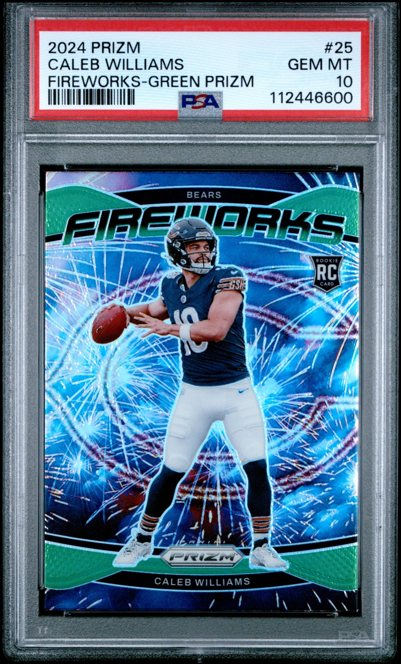 Card image for 2024 Panini Football Prizm Caleb Williams Fireworks Green #25 RC Chicago Bears PSA 10