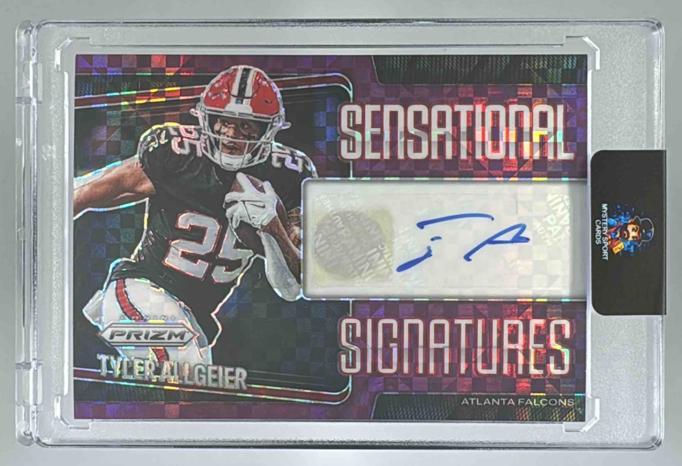 Card image for 2025 Panini Prizm Tyler Allgeier Sensational Signatures Purple Power /49 #SEN-TAR Auto Falcons