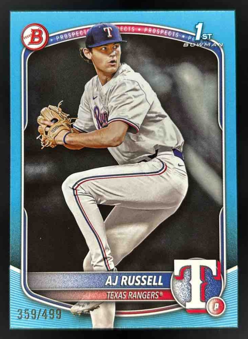 Card image for 2025 Bowman Draft AJ Russell Sky Blue Border /499 #BD-51 Rangers
