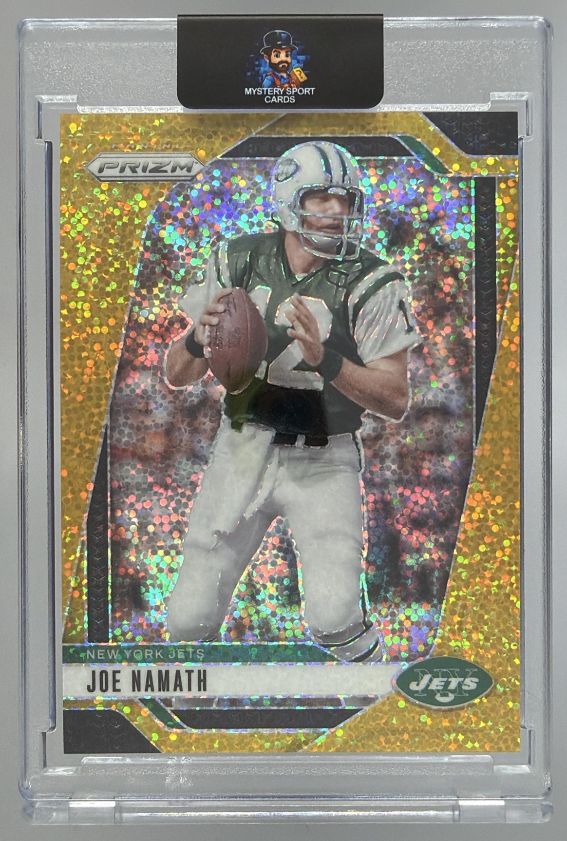 Card image for 2024 Panini Football Prizm Joe Namath Gold Sparkle /24 #228 New York Jets