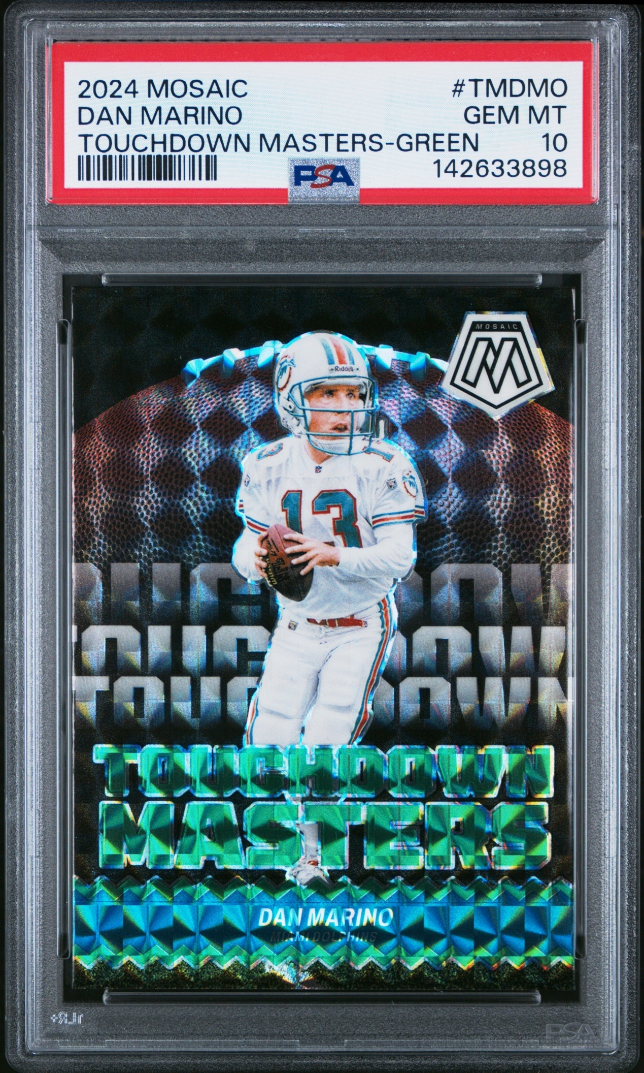 Card image for 2024 Panini Mosaic Dan Marino Touchdown Masters Green #TM-DMO Dolphins