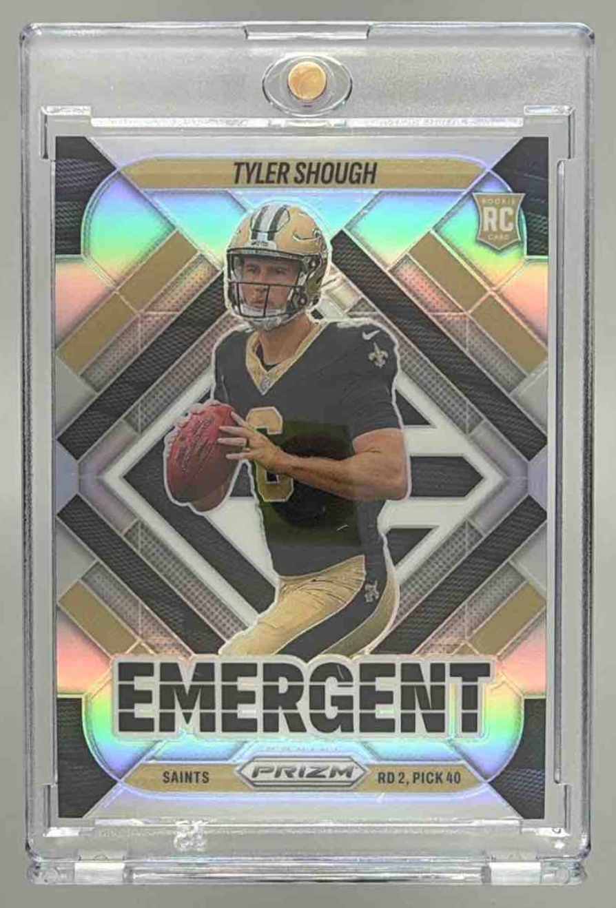 Card image for 2025 Panini Football Prizm Tyler Shough Emergent Silver #8 New Orleans Saints